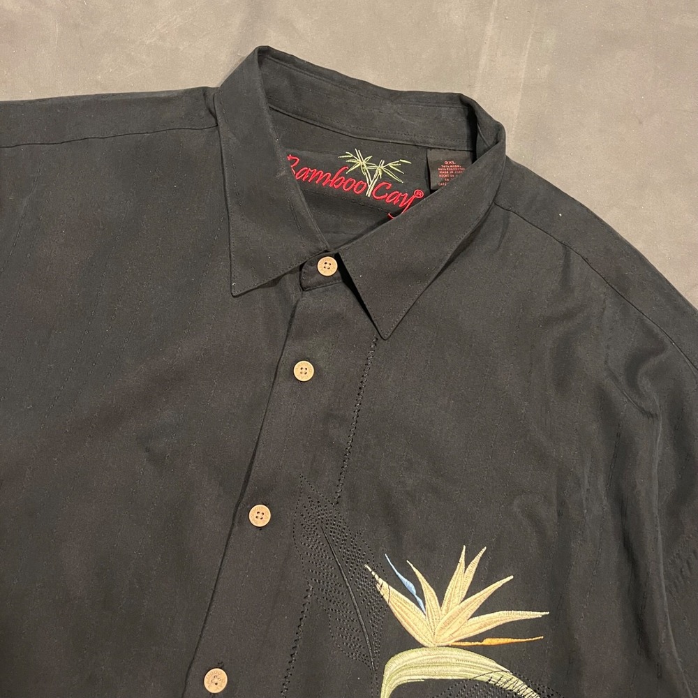 Vintage Bamboo Cay Shirt Mens 3XL Black Hawaiian‎ Floral Embroidered Camp